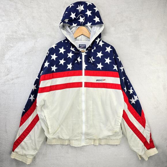 Vintage Speedo USA American Flag Windbreaker Jacket Mens XL Stars Stripes Retro - Picture 1 of 9